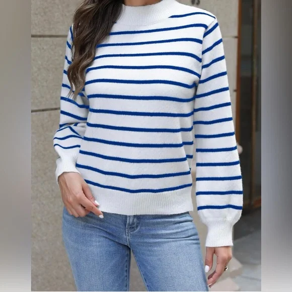 Cozy White & Blue Striped High Collar Sweater💙 - Picture 2 of 3